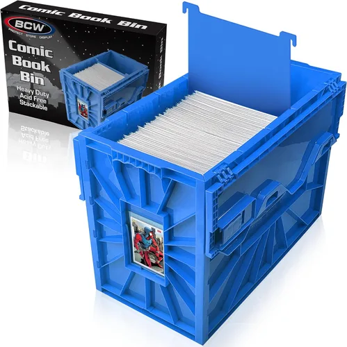 BCW Contenedor corto para cómics, capacidad para 150 cómics, almacenamiento de plástico apilable, organizador sin ácidos, azul, individual