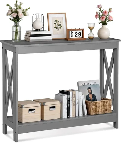 SUPER DEAL Mesa consola de 39.5 pulgadas, mesa auxiliar estrecha de 2 niveles con estante de almacenamiento, mesa de entrada para pasillo, Gris