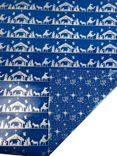 Religious Wrappers Papel de regalo religioso de doble cara de Navidad azul y plateado, papel festivo de 100 pies cuadrados para vacaciones, hermoso