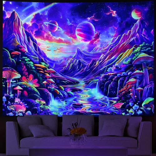 Lahasbja Blacklight Galaxy Planet Tapiz UV Reactive Hongo Colgante de Pared Fantasía Estrellas Estrelladas Paisaje Montaña Paisaje Luz Negra Póster