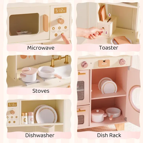 Miniatura 7 de ROBOTIME Cocina de juego para niños, cocina moderna de juguete de madera con máquina de hielo, cafetera, horno, microondas, tostadora, estufa, Rosa