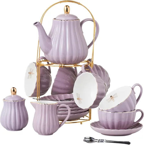 Miniatura 12 de CLAY TONIC- Juego de tazas de té y café de porcelana fina púrpura de 8 oz, tazas y platillos, con tetera, azucarero, jarra para crema, cucharaditas
