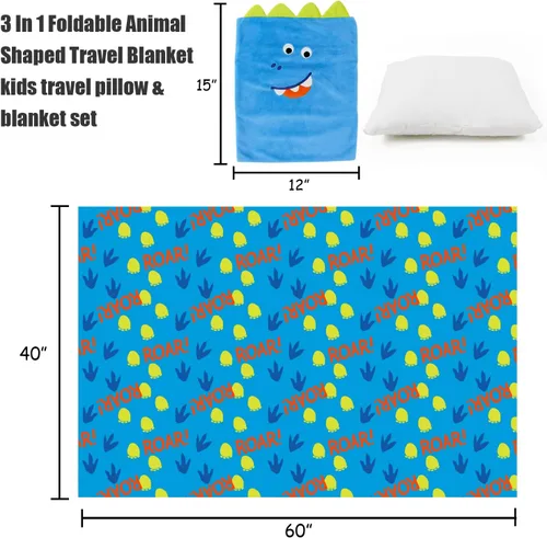 Miniatura 3 de Juego de almohada y cobija de viaje 3 en 1 para niños - 102x152cm, almohada de felpa con calentador de manos, cobija con diseño de dinosaurio