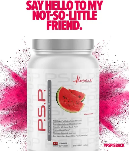 Miniatura 4 de Metabolic Nutrition P.S.P. Físico estimulante preentrenamiento 23.70 oz sin azúcar sin cafeína (sandía)