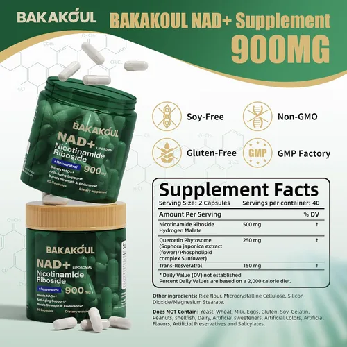 Miniatura 2 de BAKAKOUL Suplemento NAD – Ribosida de nicotinamida liposomal, resveratrol, quercetina, NAD nicotinamida ribósido resveratrol 900 mg, suplemento NAD+