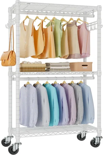 Miniatura 10 de VIPEK R2 Perchero de ropa resistente para colgar ropa, estante de prendas rodante ajustable con barras dobles y ganchos, armario independiente