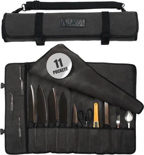 Miniatura 8 de Asaya - Bolsa enrollable de lona para cuchillos de chef - 10 ranuras para cuchillos y un gran bolsillo con cremallera - Funda duradera de lona