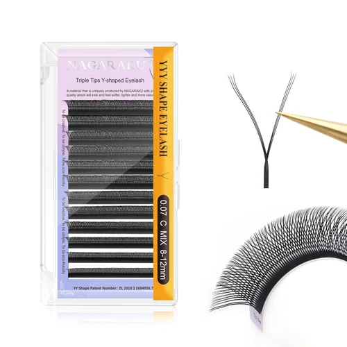 Miniatura 132 de Suministros de extensiones de pestañas NAGARAKU yy, pestañas falsas 0.05mm rizado D, bandeja mixta 8-12mm, prefabricadas 4D, abanico fácil, volumen