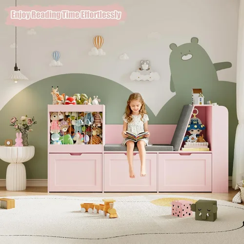 Miniatura 5 de Rincón de lectura para niños de 66.9 pulgadas, organizador de almacenamiento de juguetes con almacenamiento de animales de peluche, banco y cojines