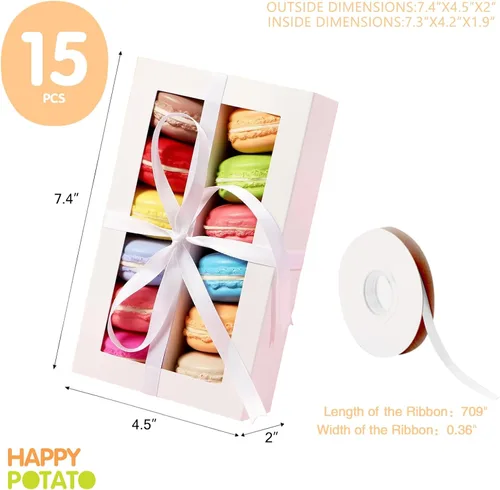 Miniatura 4 de HAPPY POTATO Paquete de 15 cajas de macarrones para 12, 7.2 x 4 x 1.9 pulgadas, caja de embalaje de macarrones con cinta, cajas de macarrones Blanco
