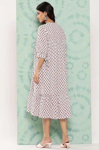 Miniatura 7 de Janasya Vestido de playa de algodón blanco para mujer, estilo casual, estampado floral, cuello mandarín, bohemio, manga atada, para playa