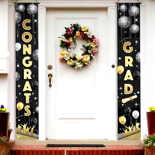 KatchOn, Banner para puerta de graduación 2026 – Brillantina, paquete de 30 | Decoraciones de puerta de graduación doradas y negras 2026 | Disco
