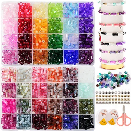 Miniatura 8 de Cuentas de vidrio para hacer joyas, 1300 piezas + 0.315 in + 0.315 in, 48 colores, cuentas redondas de cristal para hacer pulseras, kit