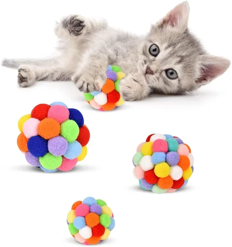 TUSATIY Pelotas de juguete para gatos con campanilla, 3 piezas, coloridas bolas suaves y peludas con campanilla integrada para gatos, juguetes