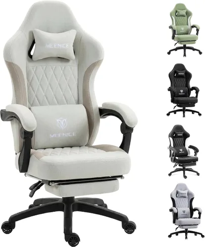 Silla de juegos de tela con resorte de bolsillo, silla ergonómica de respaldo alto para videojuegos con reposapiés, soporte lumbar de masaje, silla