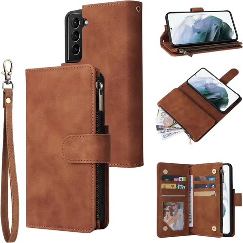 Miniatura 13 de UEEBAI Funda tipo cartera para Samsung Galaxy S22 Ultra 5G, piel sintética con cierre magnético, bolsillo con cremallera, ranuras para tarjetas