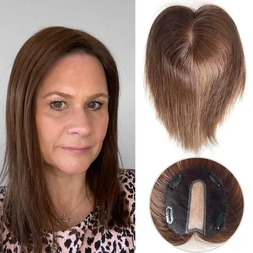 Miniatura 24 de Cubrecabello humano real de seda de 5 x 5.5 pulgadas, tamaño de la gorra, cobertura de corona de cabello lacio Remy, pieza de cabello atado a mano 2#