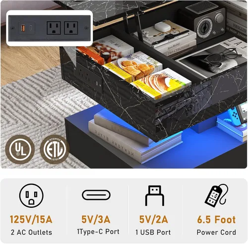 Miniatura 5 de chartustriable Mesa de Centro Grande de 39.4" con Tapa Elevable y Estación de Carga, Mesa Central LED Moderna de Alto Brillo con Compartimento
