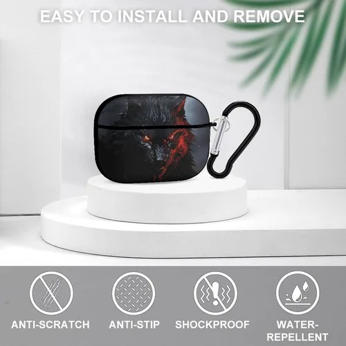 Miniatura 3 de Funda para auriculares con diseño de lobo negro grande con ojos rojos para AirPods Pro de 2ª generación con llavero, funda protectora rígida a