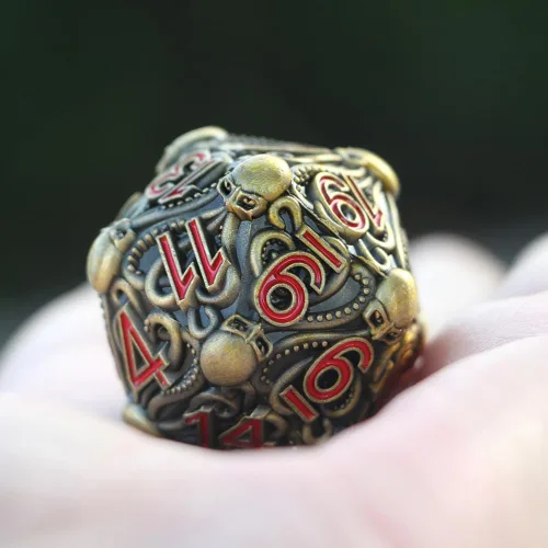 Miniatura 4 de Dados de metal D20 con diseño intrincado de pulpo, acabado antiguo y números rojos para Call of Cthulhu, RPGs-DNDWoW BZQR