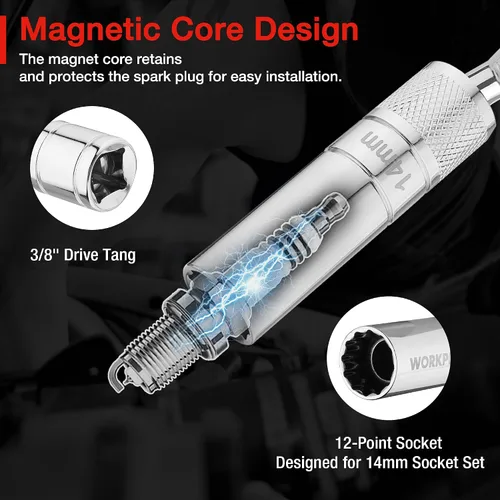 Miniatura 5 de WORKPRO 3 piezas 14 mm llave de bujía, llave magnética giratoria de pared delgada con extensiones de 6 y 10 pulgadas, accionamiento de 3/8 pulgadas