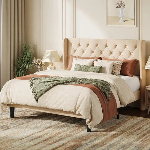 SHA CERLIN Full Size Platform Bed Frame with Upholstered Headboard and Wingback, Button Tufted Design, Easy Assembly, No Box Spring Needed, Beige