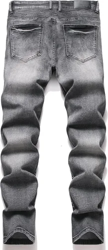 Miniatura 2 de XIMXIMMTIAN Jeans de mezclilla para hombre estilo motociclista, lavados, desgastados, ajustados y rectos