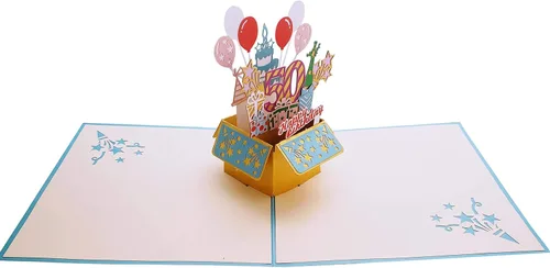 Miniatura 5 de iGifts And Cards Tarjeta de felicitación desplegable 3D con caja de fiesta de cumpleaños número 50 color azul – Cincuenta, impresionante, globos