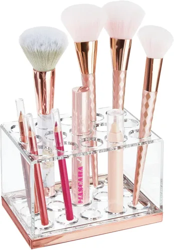 Miniatura 7 de mDesign Organizador de almacenamiento de brochas de maquillaje de plástico con 15 ranuras para encimera de baño, tocador para sostener lápices