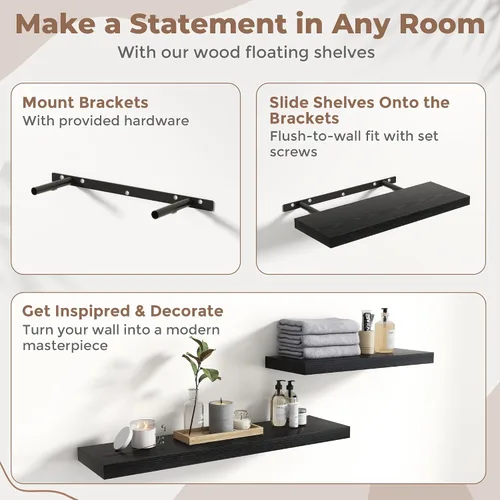 Miniatura 5 de Estantes flotantes para pared con soportes invisibles, estantes de madera de ingeniería montados en la pared con grano de madera para sala de estar