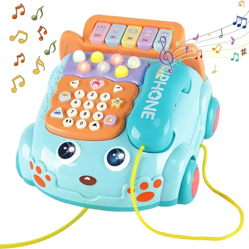 Teléfono de juguete para bebés de dibujos animados Baby Piano Music Light Toy Juguete de regalo para niño y niña, regalo de educación temprana, azul