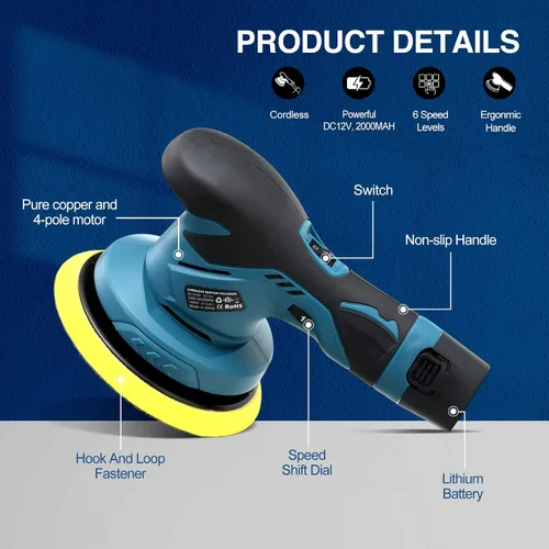 Miniatura 5 de Saker Pulidora Buffer Inalámbrica para Automóvil - Kit de Máquina Encerradora Portátil de 6 Pulgadas con 2x2000mAh Baterías y 6 Velocidades