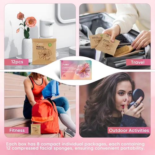 Miniatura 7 de AIDEA Esponjas faciales comprimidas color rosa, 96 unidades, esponjas faciales desechables, esponja cosmética de spa de celulosa 100% natural