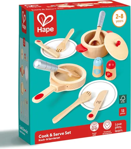 Miniatura 6 de Hape Cook & Serve Set Juego de cocina de madera de 13 piezas con accesorios Multicolor