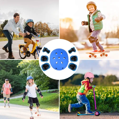 Miniatura 8 de WayEee - Juego de casco de bicicleta para niños, rodilleras para patinetas, juego de almohadillas para casco, juego de equipo de protección Azul