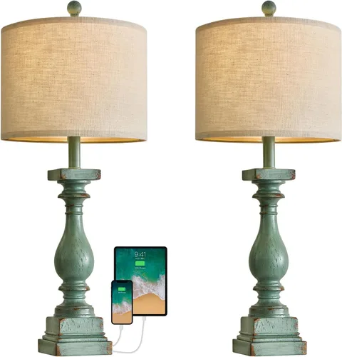 Miniatura 9 de BOBOMOMO Juego de 2 lámparas de mesa estilo granja de 27 pulgadas con USB A+C para dormitorio, sala de estar, lámparas vintage rústicas