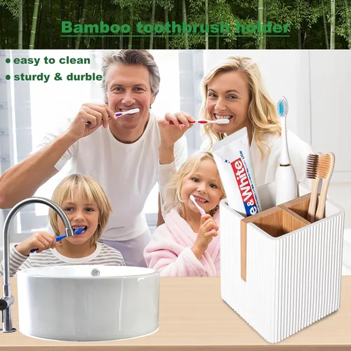 Miniatura 8 de rejomiik Portacepillos de dientes para encimeras de baño, 3 ranuras para cepillado eléctrico de dientes y almacenamiento de pasta dental, soporte