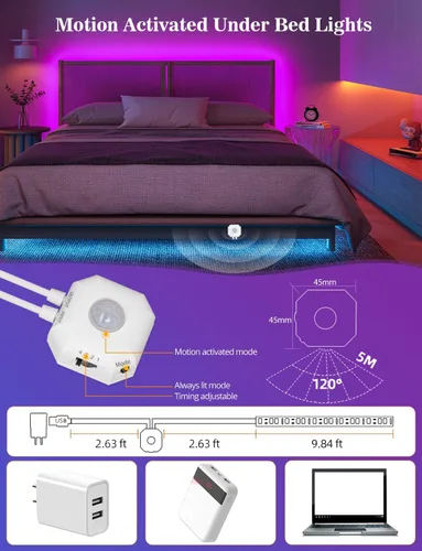 Miniatura 2 de Daymeet Luces con sensor de movimiento para debajo de la cama, tira de luces LED RGB activadas por movimiento de 9.8 pies con temporizador de Varios