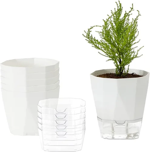 Miniatura 7 de Paquete de 6 macetas de plástico de 5 pulgadas con autorriego para interiores, modernas macetas decorativas para suculentas, aloe, hierbas, violetas