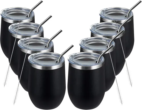 MEWAY Paquete de 8 Tumblers de Vino de 12 onzas con Tapa - Tumbler de Viaje de Acero Inoxidable al Vacío de Doble Pared Sin Tallo - Mantiene Frío y