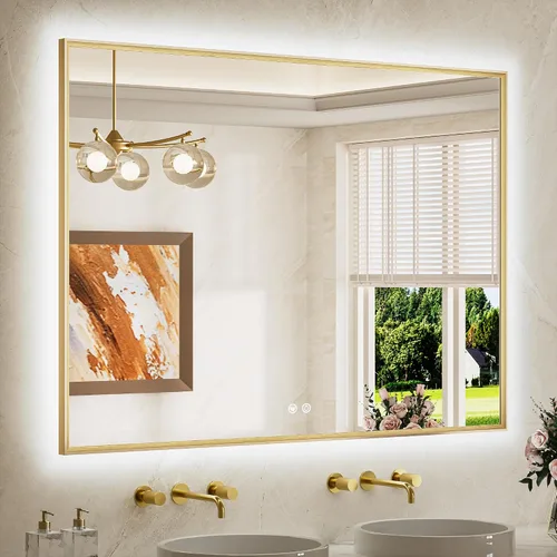 Miniatura 14 de TETOTE Espejo de baño retroiluminado de 30 x 36 pulgadas, marco de metal dorado cepillado, luz LED, 3 colores, blanco/cálido/natural, sin escalones