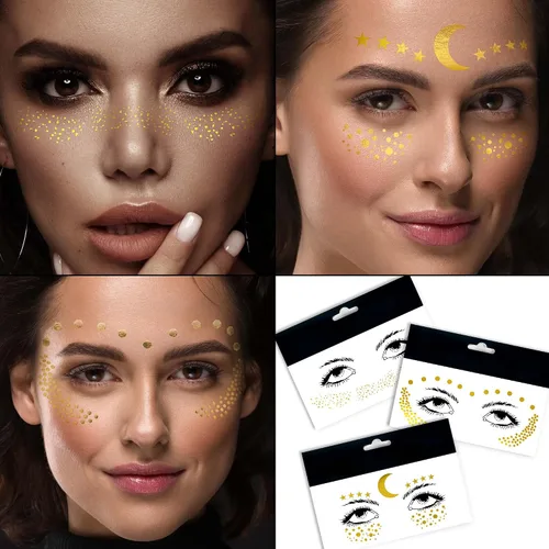 3 hojas de tatuajes faciales temporales metálicos dorados, pecas sintéticas, calcomanías de maquillaje, impermeables, brillantes, arte corporal para
