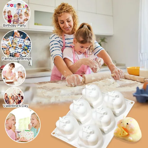 Miniatura 5 de Molde de silicona 3D para pastel de mousse, molde de silicona con forma de animal de hámster, 6 cavidades, molde de silicona flexible de fácil
