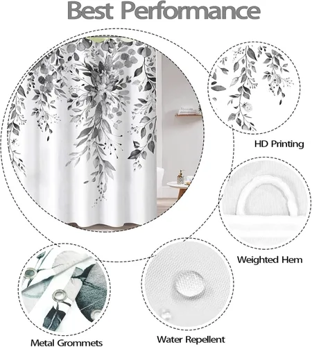 Miniatura 6 de Cortina de ducha extra larga de eucalipto gris y blanco de 84 pulgadas, cortinas de ducha de hojas florales grises para baño, cortina de baño