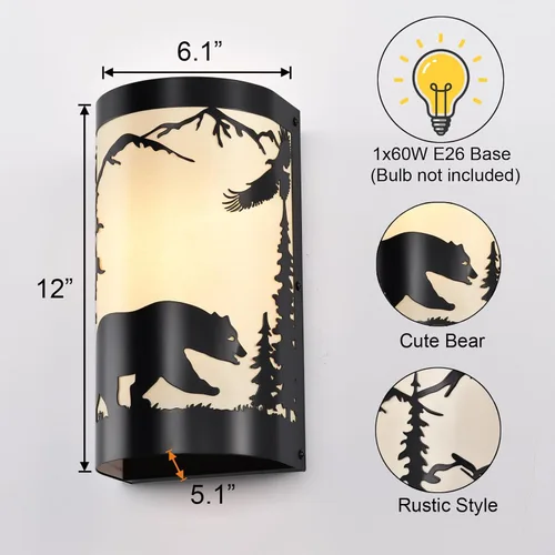 Miniatura 4 de Aplique de pared, apliques de pared de pergamino crema de metal de oso de granja, juego de dos, apliques de pared rústicos negros mate, apliques