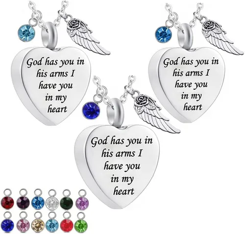 3 collares de urna de corazón de acero inoxidable para cenizas con colgante de piedra natal de 12 colores, joyería de cremación, collar de ceniza,