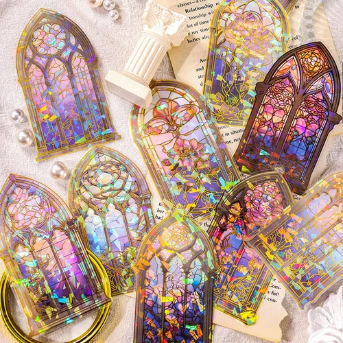 Miniatura 6 de Adhesivos de marco de ventana con flores esmaltadas, 60 piezas de pegatinas holográficas brillantes transparentes de PET para álbum de recortes DIY
