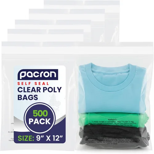 Paquete de 500 bolsas de polietileno transparentes de 9 x 12 pulgadas – Bolsas de plástico autosellantes para embalaje, envío y almacenamiento –