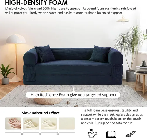 Miniatura 5 de Sofá cama convertible de 80", sofá plegable extraíble de pana 3 en 1 con almohadas, sofá moderno sin ensamblaje sin estructura con compresión