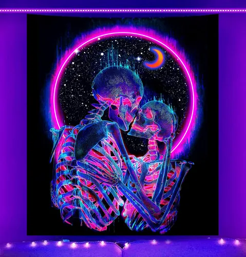 Miniatura 2 de TUGCAY Tapiz de luz negra con calavera que brilla en la oscuridad, tapiz para amantes de los besos, esqueleto, neón, trippy, pósters verticales